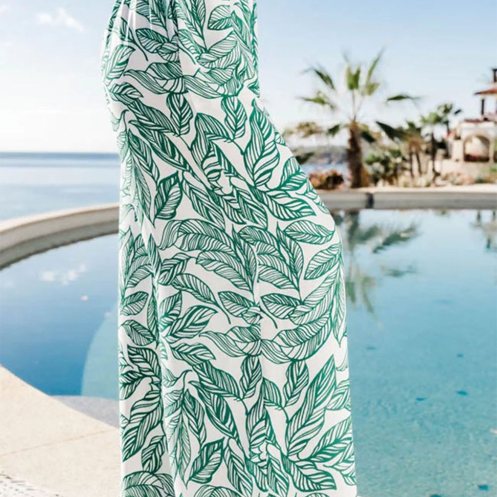 Green Tropical Print Spaghetti Strap Wide Leg Two Piece Pants Set - Picture 4 of 12